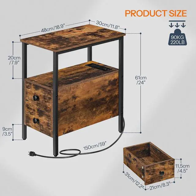 Alt view image 3 of 7 - End Table with Charging Station, Narrow Side Table with 2 Drawer & USB Ports & Power Outlets, Nightstand for Small Spaces, for Living Room, Bedroom, Rustic Brown and Black BF541BZ01