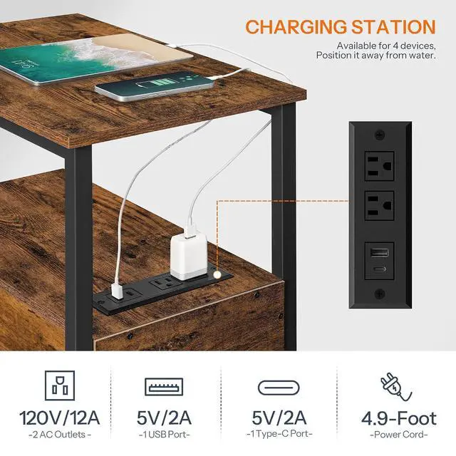 Alt view image 5 of 7 - End Table with Charging Station, Narrow Side Table with 2 Drawer & USB Ports & Power Outlets, Nightstand for Small Spaces, for Living Room, Bedroom, Rustic Brown and Black BF541BZ01