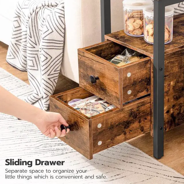 Alt view image 6 of 7 - End Table with Charging Station, Narrow Side Table with 2 Drawer & USB Ports & Power Outlets, Nightstand for Small Spaces, for Living Room, Bedroom, Rustic Brown and Black BF541BZ01