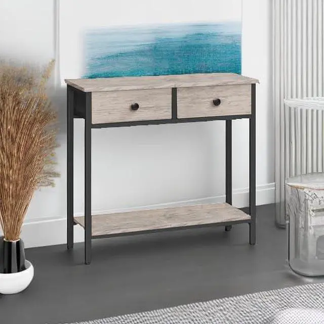 Alt view image 6 of 7 - 29.5" Narrow Console Table with 2 Fabric Drawers, Small Entryway Table with 2-Tier Storage Shelves, Sofa Table, Behind Couch Table, for Living Room, Hallway, Greige and Black BG71XG01