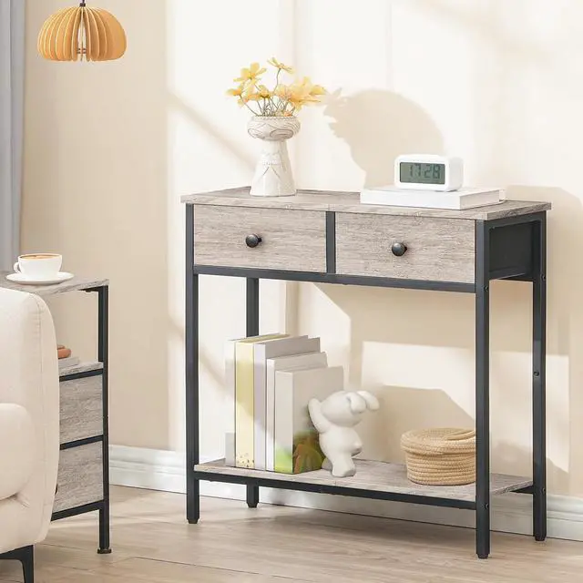 Alt view image 4 of 7 - 29.5" Narrow Console Table with 2 Fabric Drawers, Small Entryway Table with 2-Tier Storage Shelves, Sofa Table, Behind Couch Table, for Living Room, Hallway, Greige and Black BG71XG01