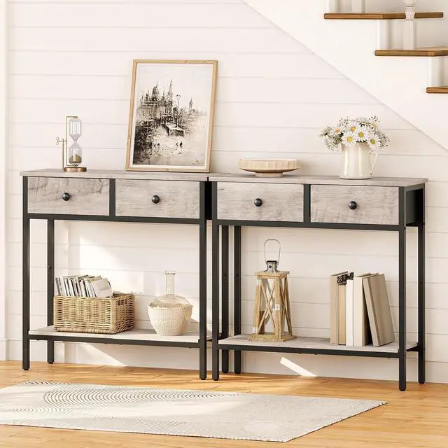 Alt view image 5 of 7 - 29.5" Narrow Console Table with 2 Fabric Drawers, Small Entryway Table with 2-Tier Storage Shelves, Sofa Table, Behind Couch Table, for Living Room, Hallway, Greige and Black BG71XG01