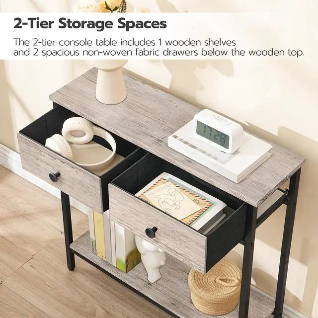 Alt view image 7 of 7 - 29.5" Narrow Console Table with 2 Fabric Drawers, Small Entryway Table with 2-Tier Storage Shelves, Sofa Table, Behind Couch Table, for Living Room, Hallway, Greige and Black BG71XG01