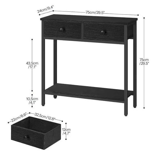 Alt view image 3 of 7 - 29.5" Narrow Console Table with 2 Fabric Drawers, Small Entryway Table with 2-Tier Storage Shelves, Sofa Table, Behind Couch Table, for Living Room, Hallway, Black BB71XG01