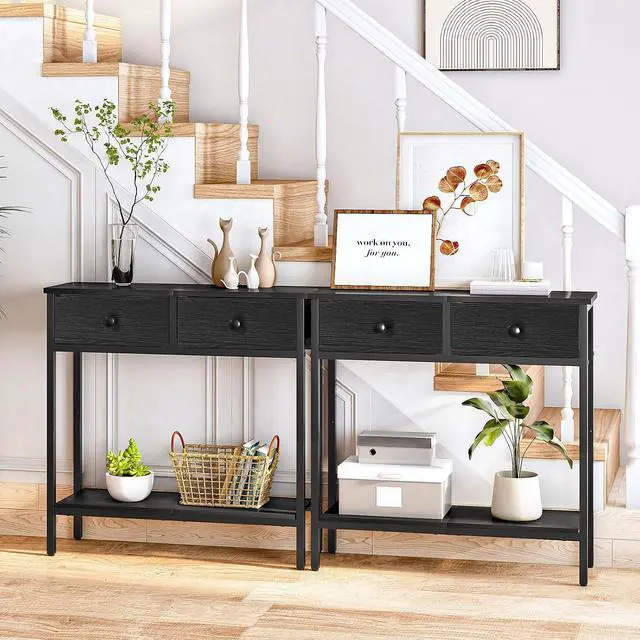 Alt view image 2 of 7 - 29.5" Narrow Console Table with 2 Fabric Drawers, Small Entryway Table with 2-Tier Storage Shelves, Sofa Table, Behind Couch Table, for Living Room, Hallway, Black BB71XG01