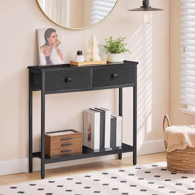 Alt view image 4 of 7 - 29.5" Narrow Console Table with 2 Fabric Drawers, Small Entryway Table with 2-Tier Storage Shelves, Sofa Table, Behind Couch Table, for Living Room, Hallway, Black BB71XG01