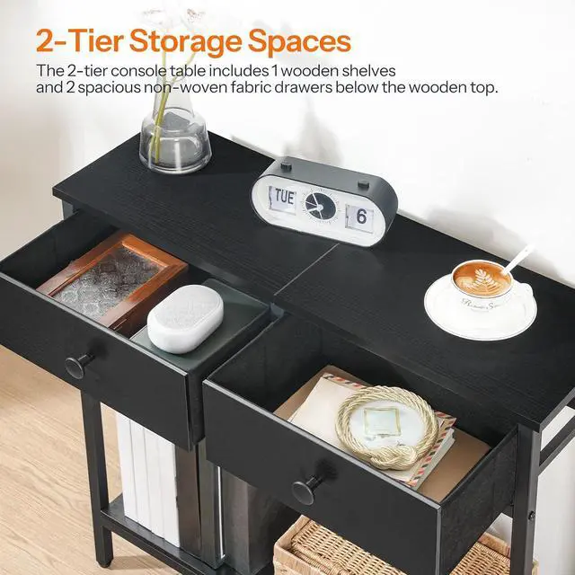 Alt view image 6 of 7 - 29.5" Narrow Console Table with 2 Fabric Drawers, Small Entryway Table with 2-Tier Storage Shelves, Sofa Table, Behind Couch Table, for Living Room, Hallway, Black BB71XG01