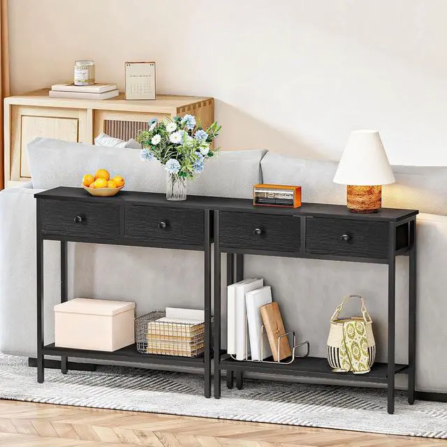 Alt view image 5 of 7 - 29.5" Narrow Console Table with 2 Fabric Drawers, Small Entryway Table with 2-Tier Storage Shelves, Sofa Table, Behind Couch Table, for Living Room, Hallway, Black BB71XG01