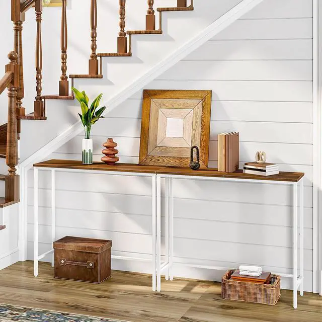 Alt view image 2 of 7 - Narrow Console Table, 29.5" Small Entryway Table, Thin Sofa Table, Side Table, Display Table, for Hallway, Bedroom, Living Room, Foyer, White and Walnut WH75XG01
