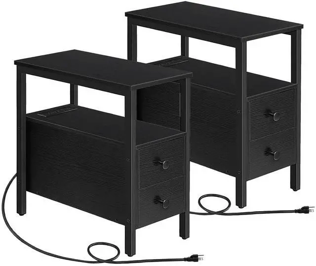 Main image of Set of 2 End Tables with Charging Station, Narrow Side Table with Drawers & USB Port & Power Outlets, Nightstand for Small Spaces, Living Room, Stable and Sturdy, Black BK541BZP201
