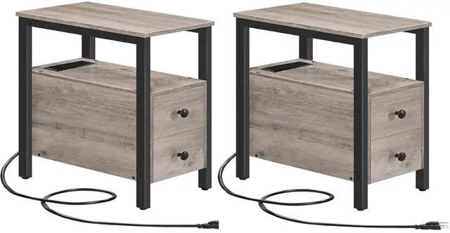 Main image of Set of 2 End Tables with Charging Station, Narrow Side Table with Drawers & USB Port & Power Outlets, Nightstand for Small Spaces, Living Room, Stable, Greige and Black BG541BZP201