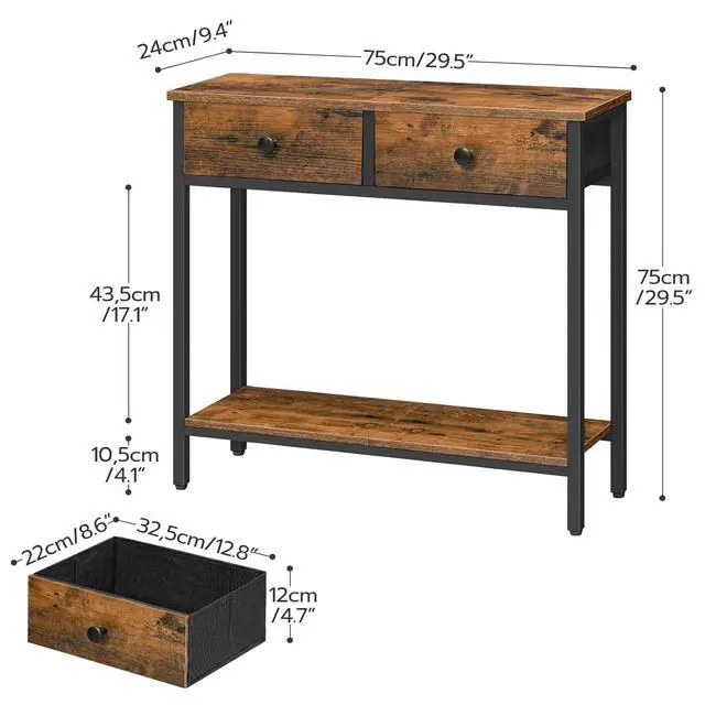 Alt view image 3 of 7 - 29.5" Narrow Console Table with 2 Fabric Drawers, Small Entryway Table with 2-Tier Storage Shelves, Sofa Table, Behind Couch Table, for Living Room, Hallway, Rustic Brown and Black BF71XG01