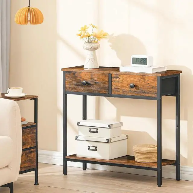 Alt view image 4 of 7 - 29.5" Narrow Console Table with 2 Fabric Drawers, Small Entryway Table with 2-Tier Storage Shelves, Sofa Table, Behind Couch Table, for Living Room, Hallway, Rustic Brown and Black BF71XG01
