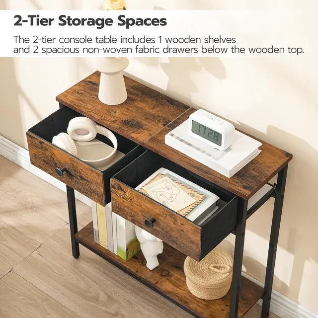 Alt view image 5 of 7 - 29.5" Narrow Console Table with 2 Fabric Drawers, Small Entryway Table with 2-Tier Storage Shelves, Sofa Table, Behind Couch Table, for Living Room, Hallway, Rustic Brown and Black BF71XG01