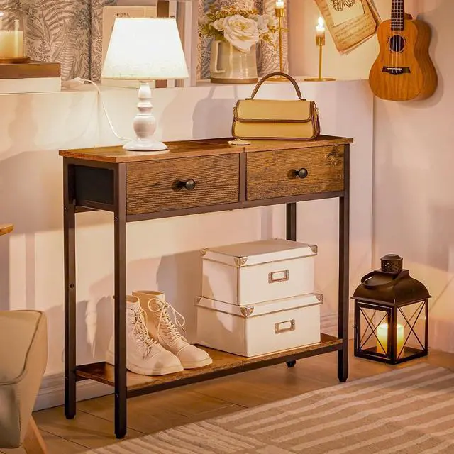 Alt view image 6 of 7 - 29.5" Narrow Console Table with 2 Fabric Drawers, Small Entryway Table with 2-Tier Storage Shelves, Sofa Table, Behind Couch Table, for Living Room, Hallway, Rustic Brown and Black BF71XG01