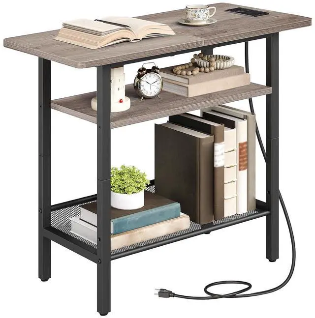 Main image of Side Table, Narrow End Table with Shelf, Charging Station, Wide Storage Tabletop, 3-Tier Bedside Tables for for Small Spaces, Living Room, Bedroom, Greige and Black BG366UBZ01