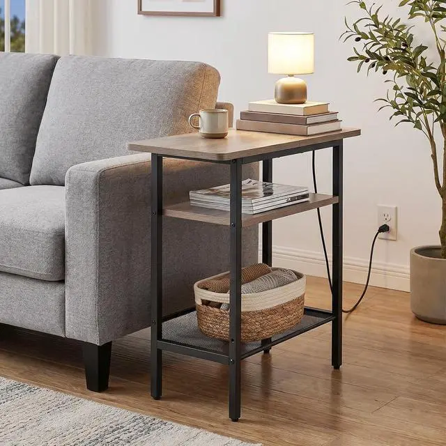 Alt view image 2 of 7 - Side Table, Narrow End Table with Shelf, Charging Station, Wide Storage Tabletop, 3-Tier Bedside Tables for for Small Spaces, Living Room, Bedroom, Greige and Black BG366UBZ01