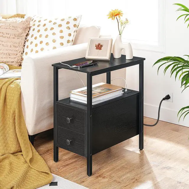 Alt view image 4 of 7 - Set of 2 End Tables with Charging Station, Narrow Side Table with Drawers & USB Port & Power Outlets, Nightstand for Small Spaces, Living Room, Stable and Sturdy, Black BK541BZP201