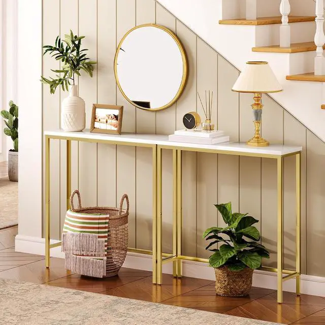 Alt view image 4 of 7 - Narrow Console Table, 29.5" Small Entryway Table, Thin Sofa Table, Side Table, Display Table, for Hallway, Bedroom, Living Room, Foyer, White and Gold DW75XG01