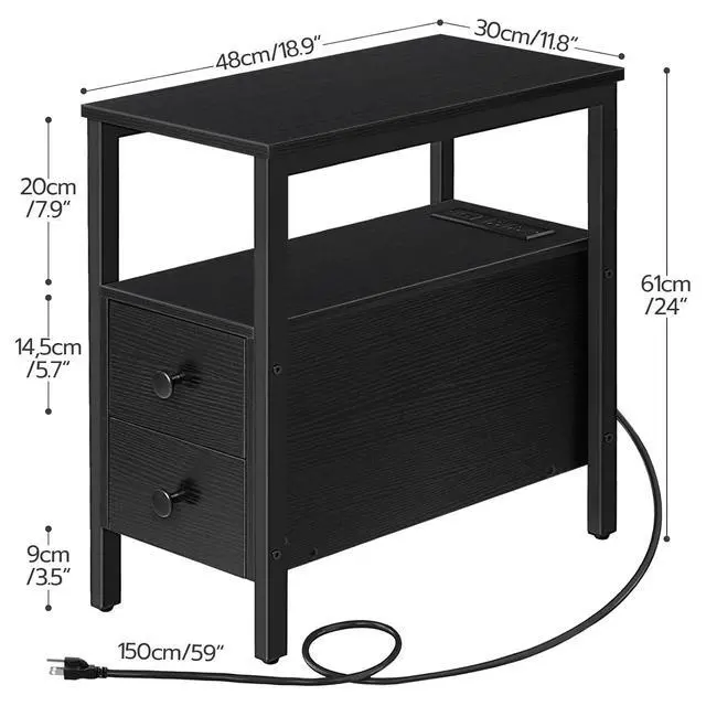 Alt view image 3 of 7 - Set of 2 End Tables with Charging Station, Narrow Side Table with Drawers & USB Port & Power Outlets, Nightstand for Small Spaces, Living Room, Stable and Sturdy, Black BK541BZP201