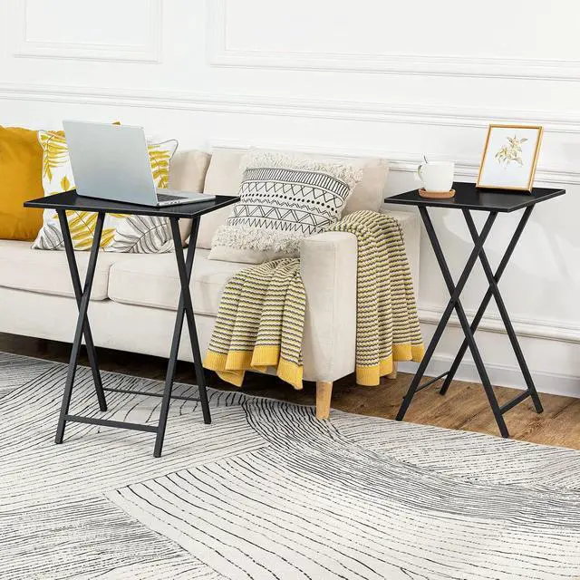 Alt view image 2 of 7 - Folding TV Tray Tables, Set of 2 Side Tables for Small Space, Industrial Snack Desk for Eating at Couch, Stable Metal Frame, Easy Assembly, Space Saving, Black BK25BZ01