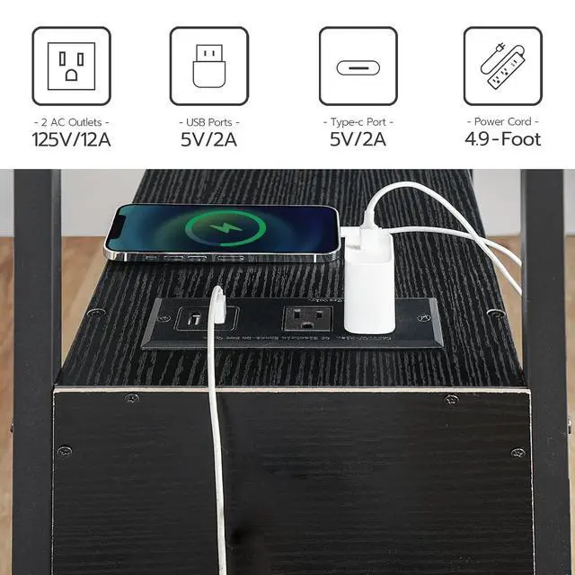 Alt view image 6 of 7 - Set of 2 End Tables with Charging Station, Narrow Side Table with Drawers & USB Port & Power Outlets, Nightstand for Small Spaces, Living Room, Stable and Sturdy, Black BK541BZP201