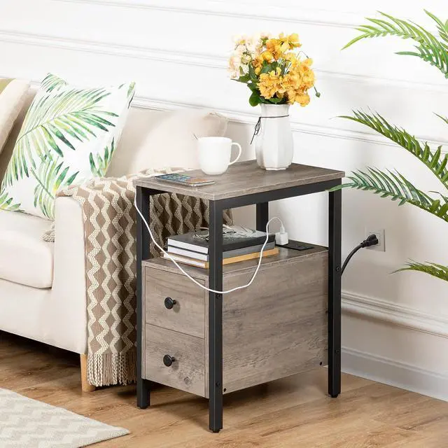 Alt view image 4 of 7 - Set of 2 End Tables with Charging Station, Narrow Side Table with Drawers & USB Port & Power Outlets, Nightstand for Small Spaces, Living Room, Stable, Greige and Black BG541BZP201