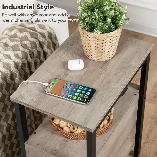 Alt view image 6 of 7 - Set of 2 End Tables with Charging Station, Narrow Side Table with Drawers & USB Port & Power Outlets, Nightstand for Small Spaces, Living Room, Stable, Greige and Black BG541BZP201
