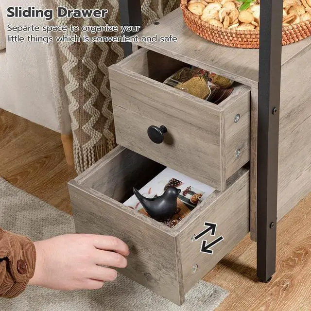Alt view image 7 of 7 - Set of 2 End Tables with Charging Station, Narrow Side Table with Drawers & USB Port & Power Outlets, Nightstand for Small Spaces, Living Room, Stable, Greige and Black BG541BZP201