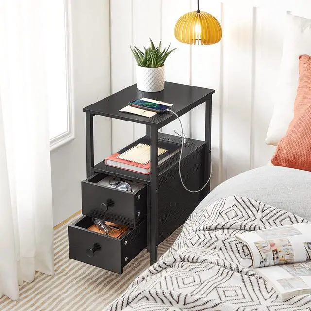 Alt view image 5 of 7 - End Table with Charging Station, Narrow Side Table with 2 Drawer & USB Port & Power Outlets, Nightstand for Small Spaces, Stable and Sturdy, for Living Room, Bedroom, Black BK541BZ01