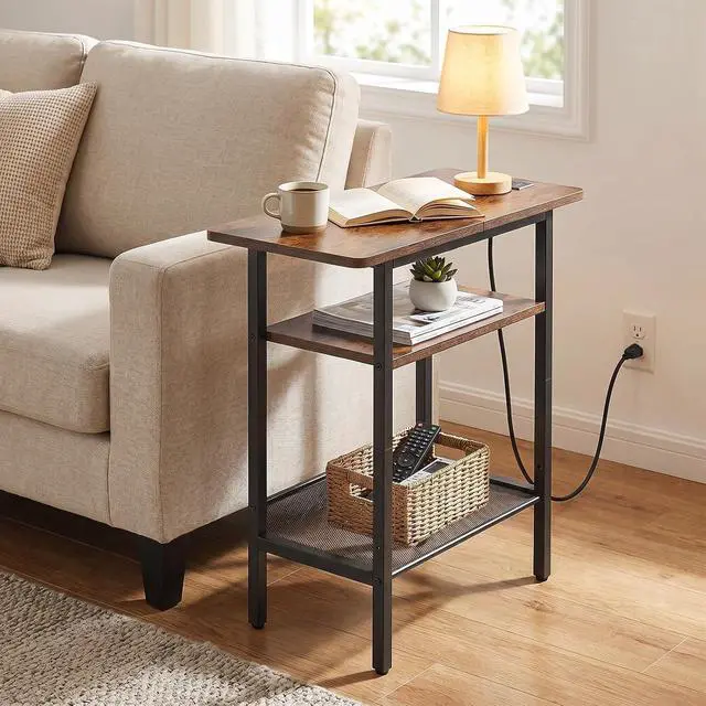 Alt view image 2 of 7 - Side Table, Narrow End Table with Shelf and Charging Station, 3-Tier Bedside Tables with Wide Storage Tabletop for for Small Spaces, Living Room, Bedroom, Rustic Brown and Black BF366UBZ01