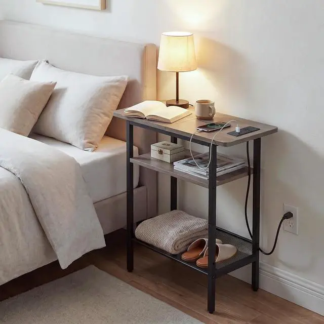 Alt view image 4 of 7 - Side Table, Narrow End Table with Shelf, Charging Station, Wide Storage Tabletop, 3-Tier Bedside Tables for for Small Spaces, Living Room, Bedroom, Greige and Black BG366UBZ01