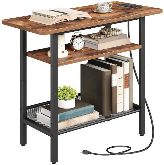 Main image of Side Table, Narrow End Table with Shelf and Charging Station, 3-Tier Bedside Tables with Wide Storage Tabletop for for Small Spaces, Living Room, Bedroom, Rustic Brown and Black BF366UBZ01