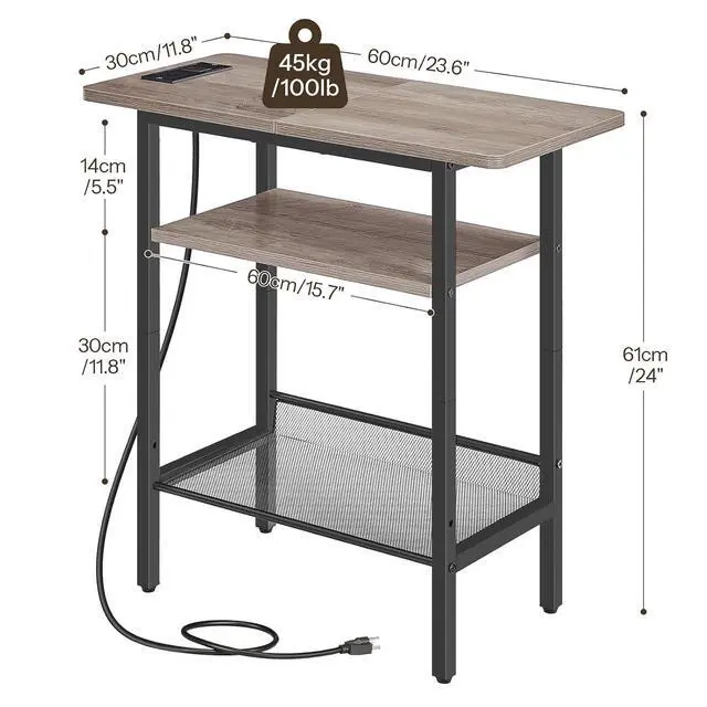 Alt view image 3 of 7 - Side Table, Narrow End Table with Shelf, Charging Station, Wide Storage Tabletop, 3-Tier Bedside Tables for for Small Spaces, Living Room, Bedroom, Greige and Black BG366UBZ01
