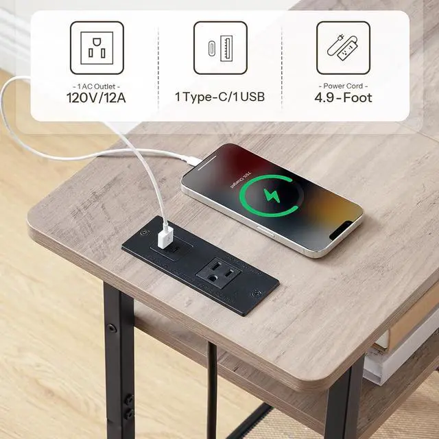 Alt view image 6 of 7 - Side Table, Narrow End Table with Shelf, Charging Station, Wide Storage Tabletop, 3-Tier Bedside Tables for for Small Spaces, Living Room, Bedroom, Greige and Black BG366UBZ01