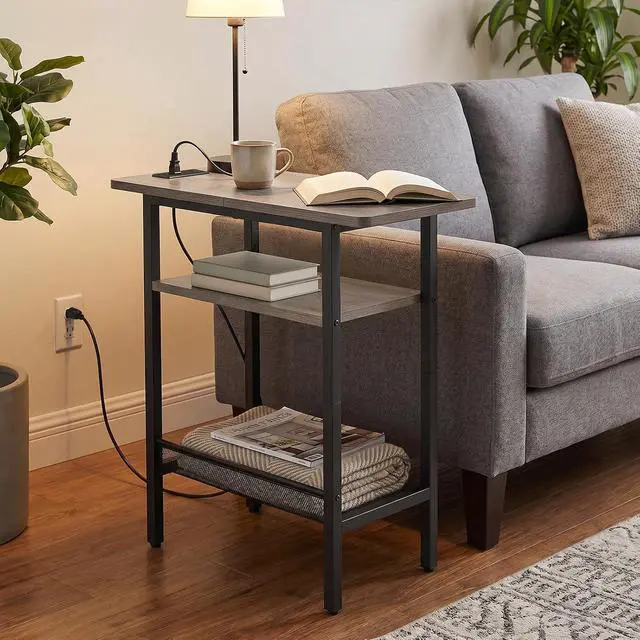 Alt view image 5 of 7 - Side Table, Narrow End Table with Shelf, Charging Station, Wide Storage Tabletop, 3-Tier Bedside Tables for for Small Spaces, Living Room, Bedroom, Greige and Black BG366UBZ01