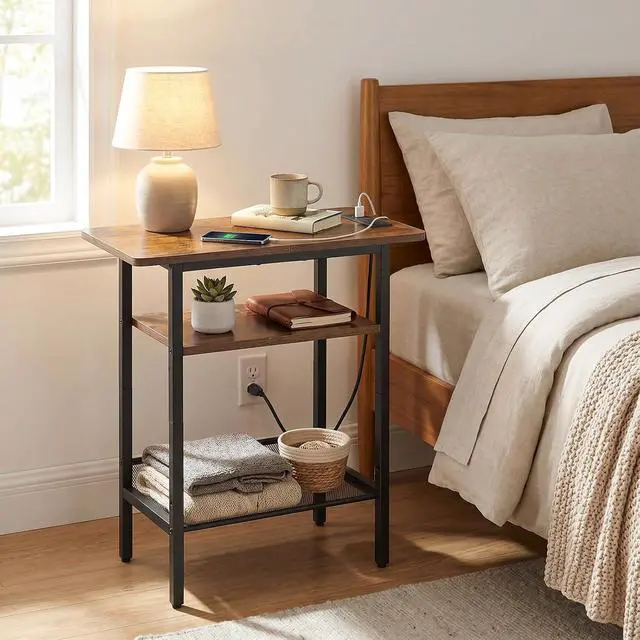 Alt view image 4 of 7 - Side Table, Narrow End Table with Shelf and Charging Station, 3-Tier Bedside Tables with Wide Storage Tabletop for for Small Spaces, Living Room, Bedroom, Rustic Brown and Black BF366UBZ01
