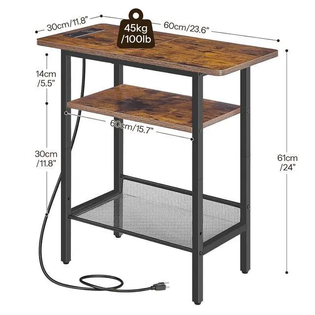 Alt view image 3 of 7 - Side Table, Narrow End Table with Shelf and Charging Station, 3-Tier Bedside Tables with Wide Storage Tabletop for for Small Spaces, Living Room, Bedroom, Rustic Brown and Black BF366UBZ01