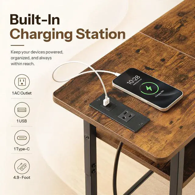 Alt view image 5 of 7 - Side Table, Narrow End Table with Shelf and Charging Station, 3-Tier Bedside Tables with Wide Storage Tabletop for for Small Spaces, Living Room, Bedroom, Rustic Brown and Black BF366UBZ01