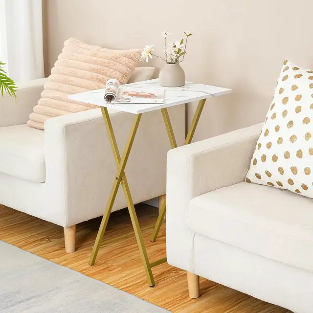 Alt view image 5 of 7 - Folding TV Tray Tables, Set of 2 Side Table for Small Space, Industrial Snack Tables for Eating at Couch, Stable Metal Frame, Easy Assembly, Space Saving, Marble and Gold DM25BZ01