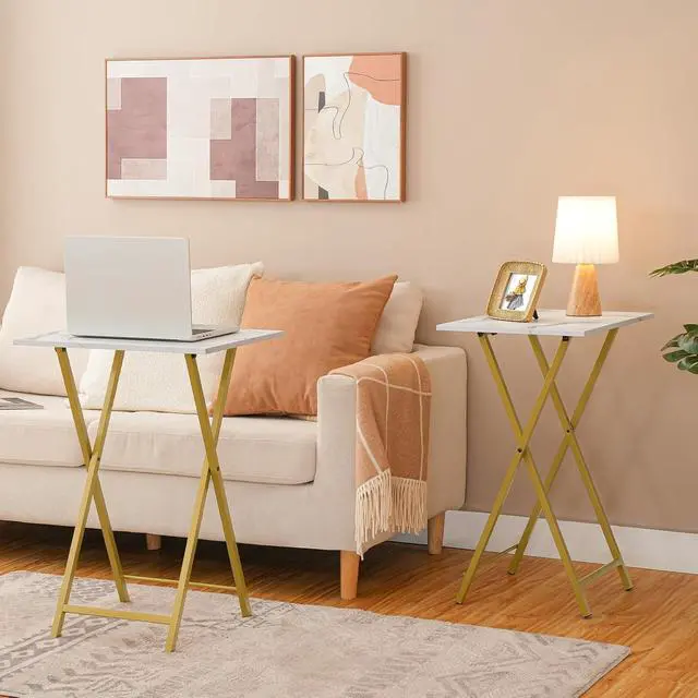 Alt view image 2 of 7 - Folding TV Tray Tables, Set of 2 Side Table for Small Space, Industrial Snack Tables for Eating at Couch, Stable Metal Frame, Easy Assembly, Space Saving, Marble and Gold DM25BZ01
