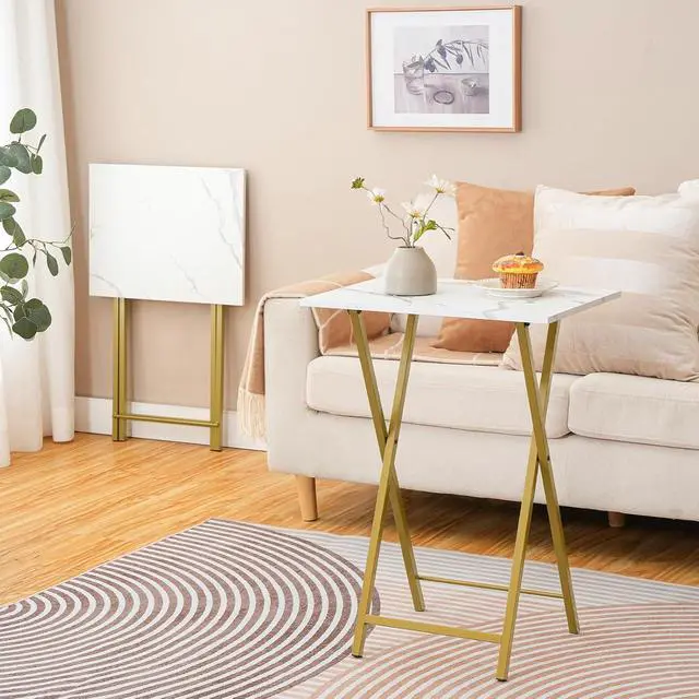 Alt view image 4 of 7 - Folding TV Tray Tables, Set of 2 Side Table for Small Space, Industrial Snack Tables for Eating at Couch, Stable Metal Frame, Easy Assembly, Space Saving, Marble and Gold DM25BZ01