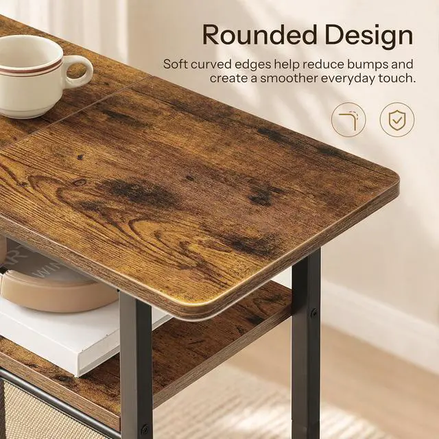 Alt view image 7 of 7 - Side Table, Narrow End Table with Shelf and Charging Station, 3-Tier Bedside Tables with Wide Storage Tabletop for for Small Spaces, Living Room, Bedroom, Rustic Brown and Black BF366UBZ01