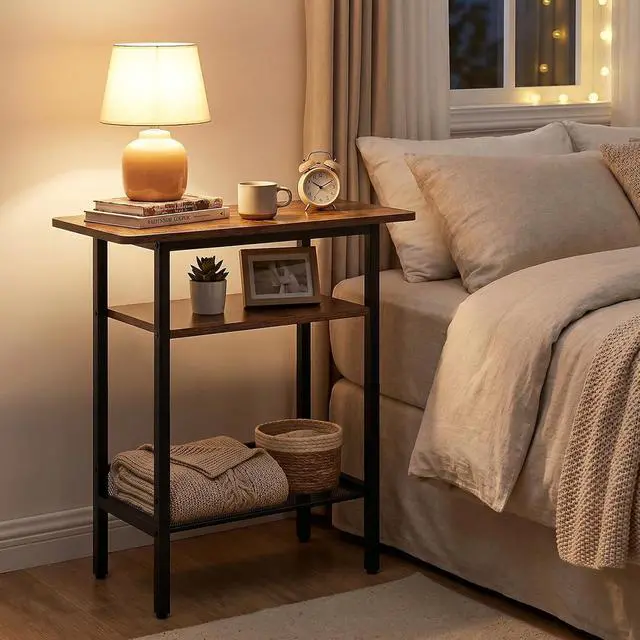 Alt view image 2 of 7 - Side Table, Narrow End Table with Shelf and Wide Storage Tabletop, 3-Tier Bedside Tables for Small Spaces for Living Room, Bedroom, Study, Rustic Brown and Black BF366BZ01