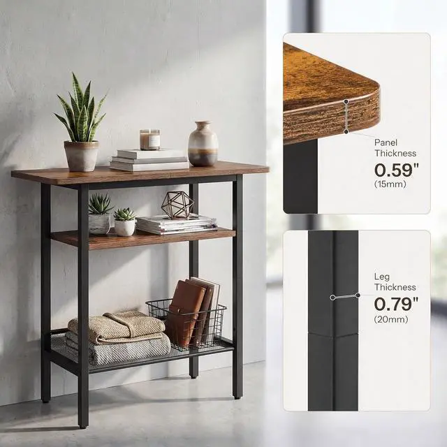 Alt view image 7 of 7 - Side Table, Narrow End Table with Shelf and Wide Storage Tabletop, 3-Tier Bedside Tables for Small Spaces for Living Room, Bedroom, Study, Rustic Brown and Black BF366BZ01