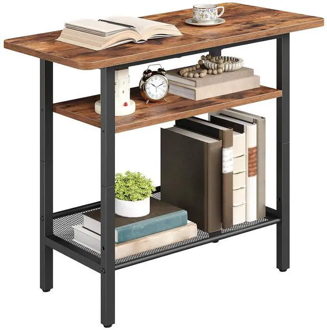 Main image of Side Table, Narrow End Table with Shelf and Wide Storage Tabletop, 3-Tier Bedside Tables for Small Spaces for Living Room, Bedroom, Study, Rustic Brown and Black BF366BZ01