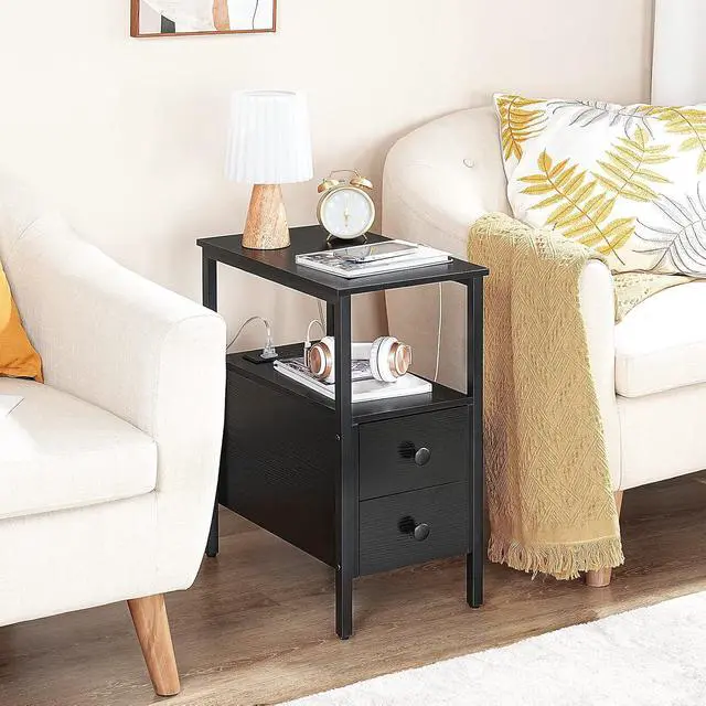 Alt view image 5 of 7 - Set of 2 End Tables with Charging Station, Narrow Side Table with Drawers & USB Port & Power Outlets, Nightstand for Small Spaces, Living Room, Stable and Sturdy, Black BK541BZP201