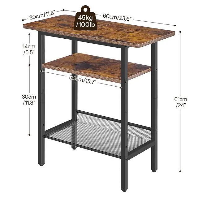 Alt view image 3 of 7 - Side Table, Narrow End Table with Shelf and Wide Storage Tabletop, 3-Tier Bedside Tables for Small Spaces for Living Room, Bedroom, Study, Rustic Brown and Black BF366BZ01