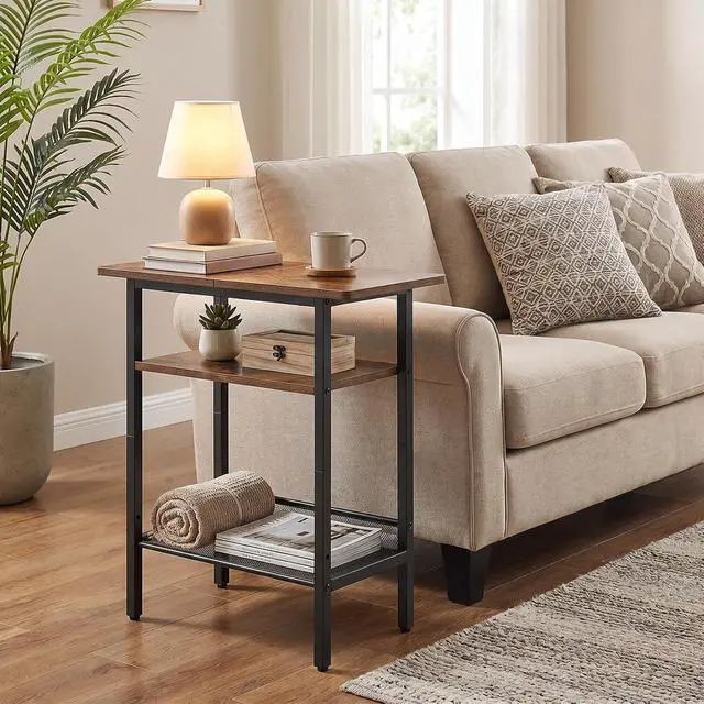 Alt view image 4 of 7 - Side Table, Narrow End Table with Shelf and Wide Storage Tabletop, 3-Tier Bedside Tables for Small Spaces for Living Room, Bedroom, Study, Rustic Brown and Black BF366BZ01