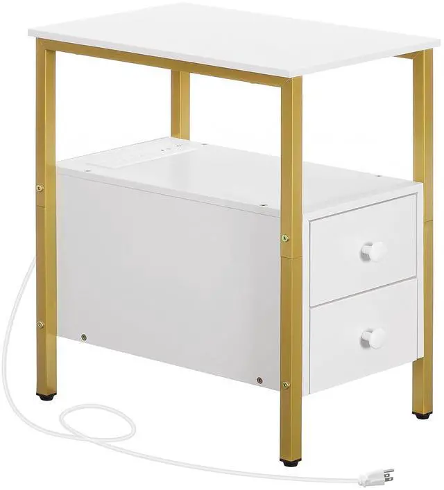 Main image of End Table with Charging Station, Narrow Side Table with 2 Drawer & USB Port & Power Outlets, Nightstand for Small Spaces, Stable and Sturdy, for Living Room, Bedroom, Gold and White DW541BZ01